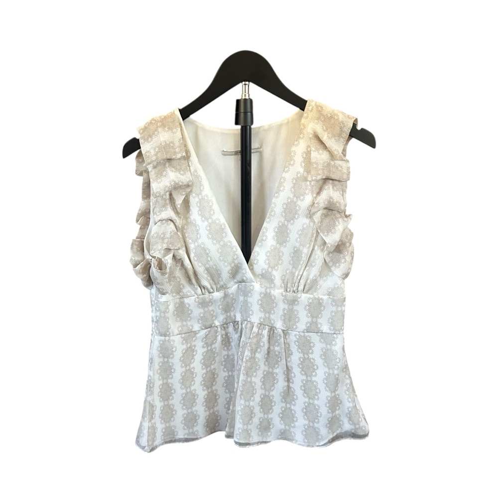 Wendy Katlen Printed Silk Sleeveless Ruffle V-Neck Peplum Top Feminine Medium